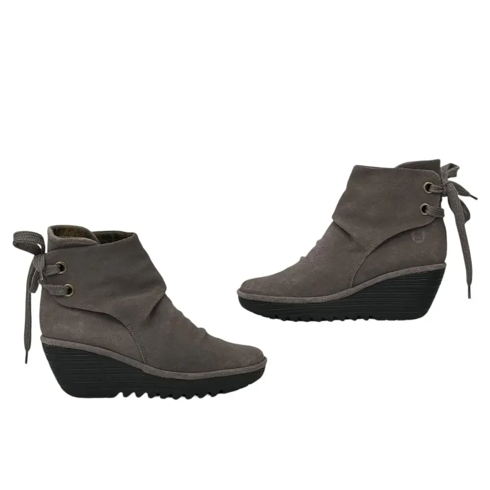 Fly London Yama Wedge Boots Women's SZ 38 Gray Suede Slouchy Lagenlook Comfort